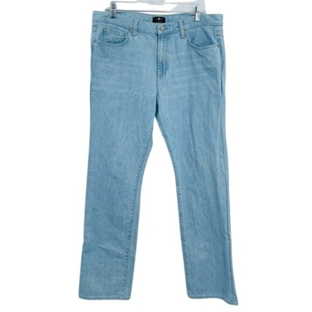 7 For All Mankind Low Straight Jeans Mens Size 31 Blue Light Wash Mid Rise